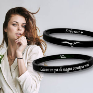 Bracciale rigido donna chiuso nero Incisione personalizzata con disegno e dedica