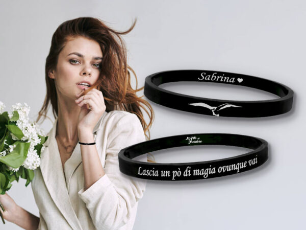 Bracciale rigido donna chiuso nero Incisione personalizzata con disegno e dedica