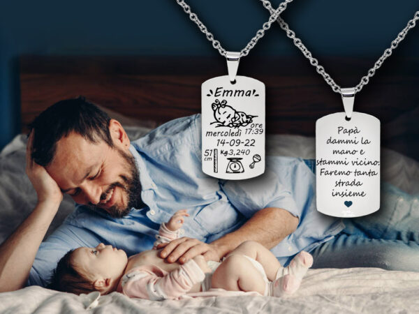 Collana per neo papà Piastrina incisione personalizzata con dati nascita 1 dedica