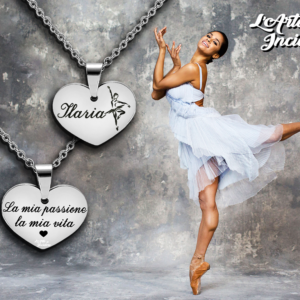 Collana cuore donna incisione personalizzata con 1 nome disegno ballerina e fraseCollana cuore donna incisione personalizzata con 1 nome disegno ballerina e frase