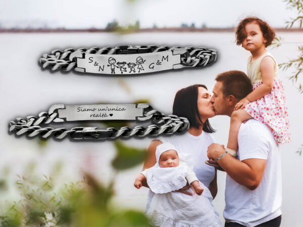 Bracciale per papà personalizzato con incisione disegno family e iniziali con 1 dedica