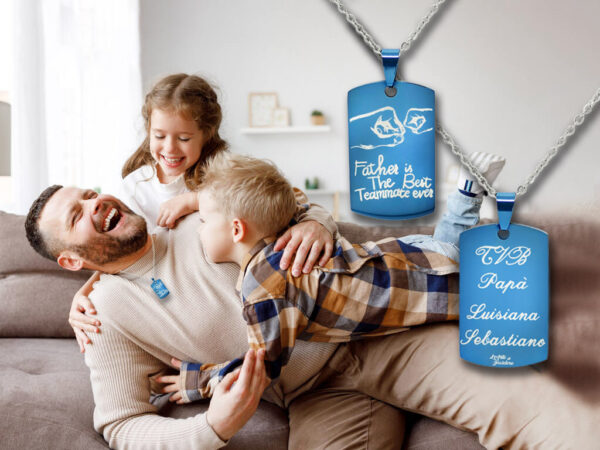 Collana per papà con piastrina blu con incisione personalizzata 1 dedica