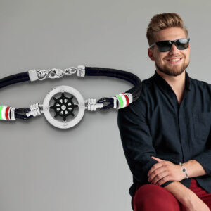 Bracciale corda nautico uomo Con Timone Acciaio 2 charm tricolore