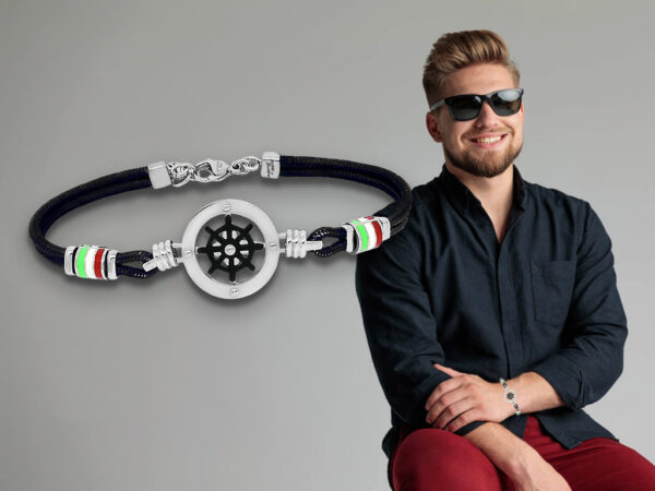 Bracciale corda nautico uomo Con Timone Acciaio 2 charm tricolore