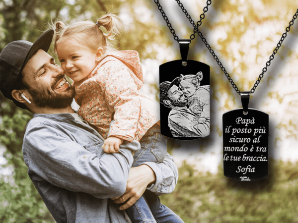 Collana per papà incisione personalizzata piastrina media nera con foto dedica 1 nome