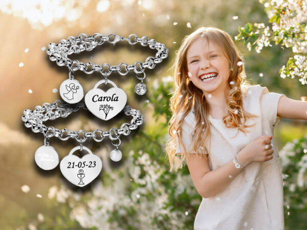 Bracciale Prima Comunione bambina con cuore 1 incisione personalizzata con nome