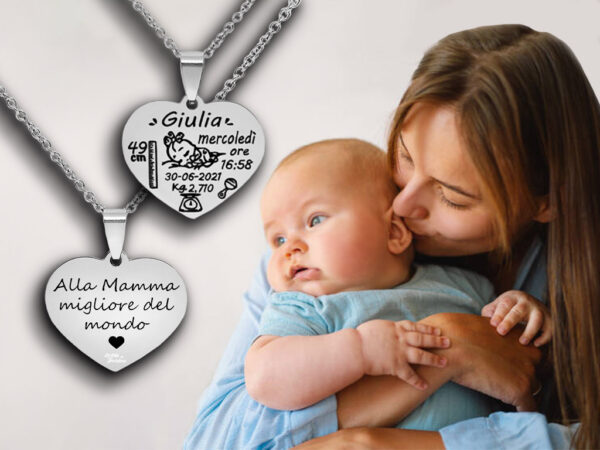 Collana nascita mamma 1 incisione personalizzata con dati Bebè e dedica