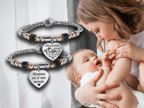 Bracciale neo mamma con dati nascita maglia coreana incisione personalizzata con 1 frase