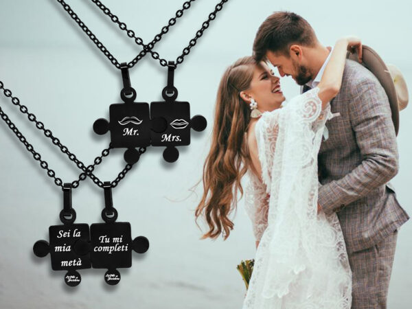 Collana puzzle lui e lei neri con incisione personalizzata Disegno e frase