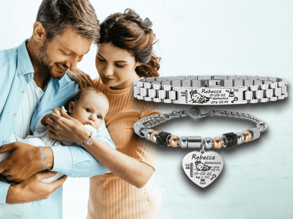 Bracciale nascita per mamma e papà 1 Incisione Personalizzata con dati bebè