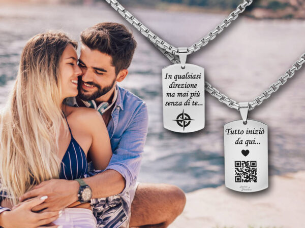 Collana piastrina uomo in acciaio incisione personalizzata con 1 QR Code e dedica