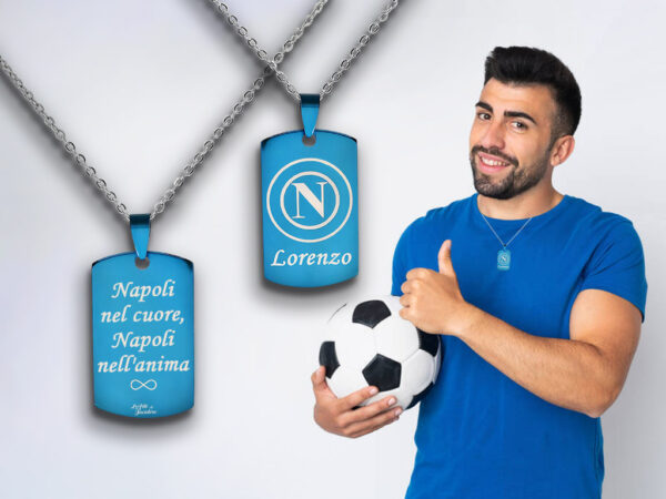 Collana Calcio Napoli Piastrina Blu Incisione personalizzata con 1 Logo squadra