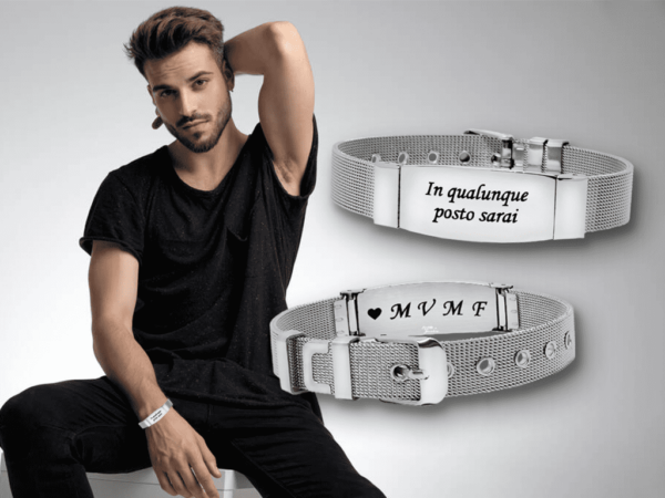 Bracciale maglia Milano uomo 1 placca incisione personalizzata con dedica e iniziali