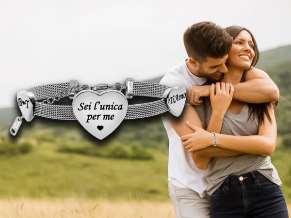 Bracciale maglia Milano donna con tre cuori spessi incisione personalizzata 1 fronte