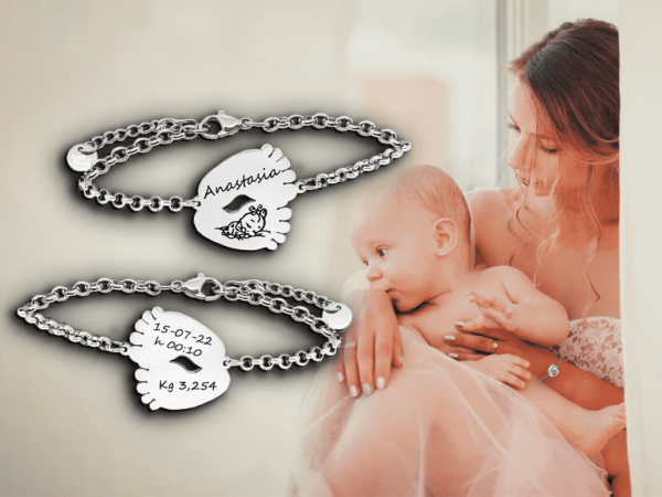 Bracciale piedini nascita mamma incisione personalizzata con 1 dedica