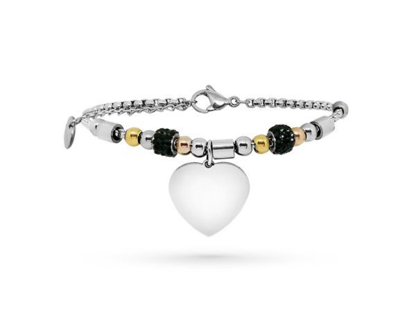 Bracciale con ciondolo cuore e strass con incisione personalizzata 1 per lato