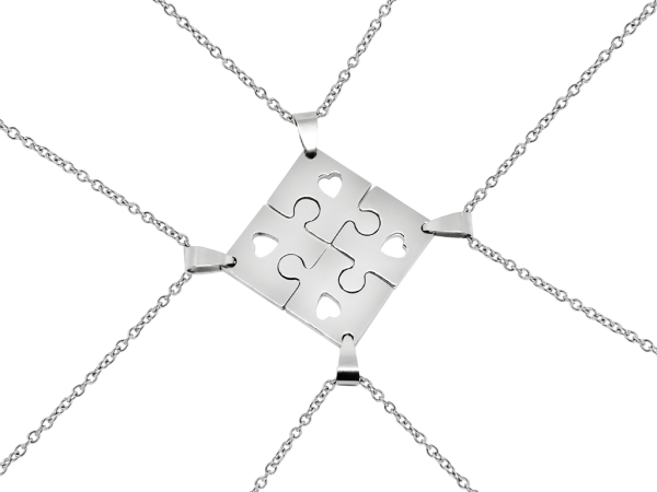 Collana puzzle amicizia 4 pezzi argentati con intaglio cuore incisione personalizzata