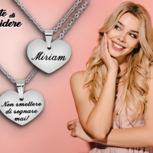 Collana donna con incisione personalizzata su cuore medio argentato con 1 nome e dedica